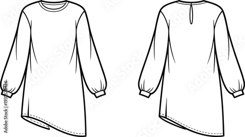 Women's long sleeve asymmetric dress CAD drawing, flat vector illustration with front and back views, fashion technical template