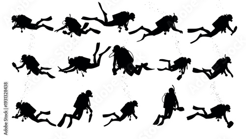 Collection of Scuba Divers Silhouettes in Various Poses Underwater.