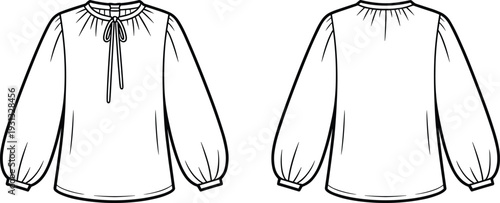 Women's long sleeve tie neck blouse CAD drawing, flat vector illustration with front and back views, fashion technical template