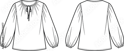 Women's long sleeve peasant blouse CAD drawing, flat vector illustration with front and back views, fashion technical template