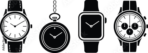 Wrist Watch and Pocket Watch Icon Set, Classic and Modern Timepiece Collection, Black Vector Illustration Isolated