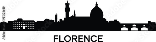 Florence Italy skyline silhouette illustration, Duomo cathedral dome, Ponte Vecchio bridge, Palazzo Vecchio tower, Renaissance architecture, travel landmark art