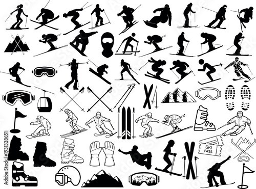 Collection of Skiing and Snowboarding Silhouettes and Equipment Icons.