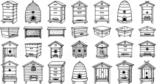 Hand-drawn sketch collection of various beehives. Set of different types of bee houses for beekeeping and apiculture, isolated on white.