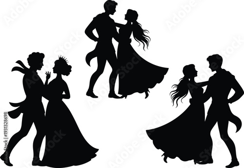 Elegant dancing couples silhouette in formal attire, romantic ballroom scene, royal crown detail, black and white vector illustration artwork