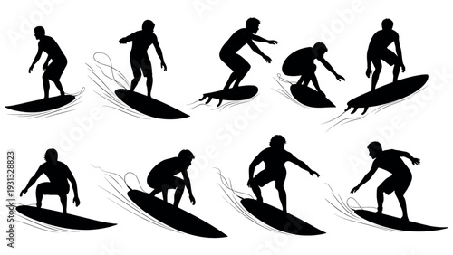 Collection of Surfer Silhouettes in Various Poses on Waves.