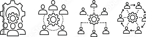 Business teamwork and workflow management line icon set, collaboration network, organizational structure and process automation vector symbols for corporate use