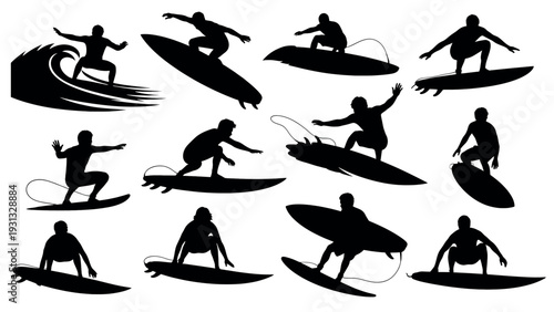 Collection of Silhouettes Illustrating Surfing Actions and Poses.