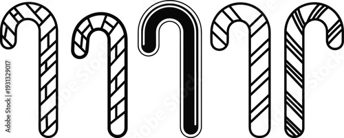 Candy cane silhouette set with striped Christmas sweets isolated on white background festive holiday vector illustration collection