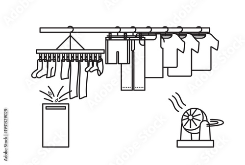 洗濯物を部屋干しをしている光景のシンプルなイラスト