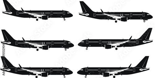 Commercial airplane silhouette set, passenger aircraft vector illustration in side view isolated on white background for aviation design