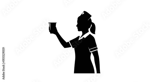 Dedicated female nurse silhouette in uniform, attentively holding a cup or beaker, representing essential healthcare service, medical care, and professional assistance
