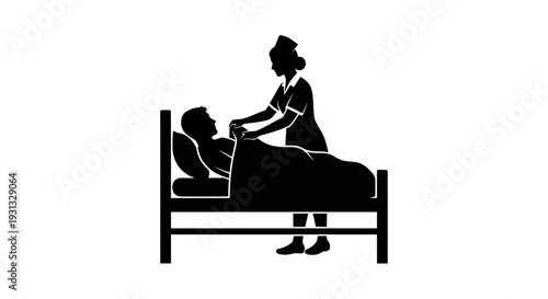 Professional nurse providing attentive care to a patient resting in a hospital bed, a clear silhouette depicting dedicated medical assistance and essential healthcare support