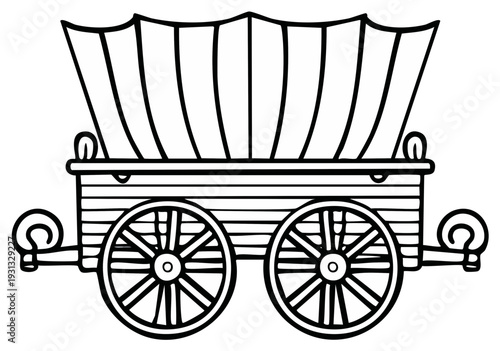 Black and white illustration of an old wooden wagon with a canopy, isolated.