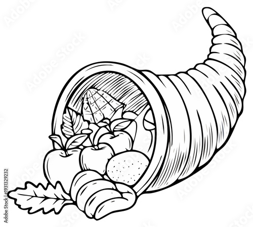 Black and white illustration of a cornucopia overflowing with fruits and vegetables.