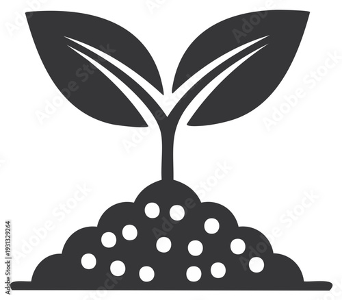 Monochrome plant sprout with two leaves emerging from soil representing growth and new life