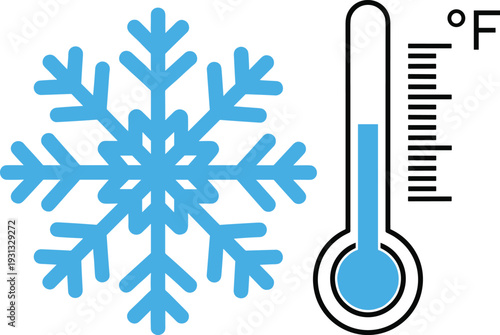 Cold temperature icon with snowflake and thermometer in Fahrenheit scale, winter weather freezing symbol for climate forecast and seasonal design