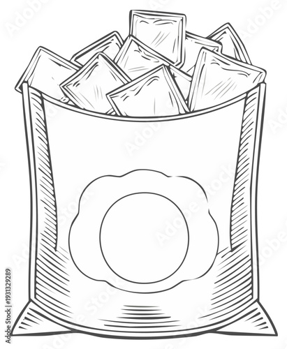 Outline Drawing of Bag Full of Chips Ready to Eat, Monochrome Image, Graphic Design Snack Food