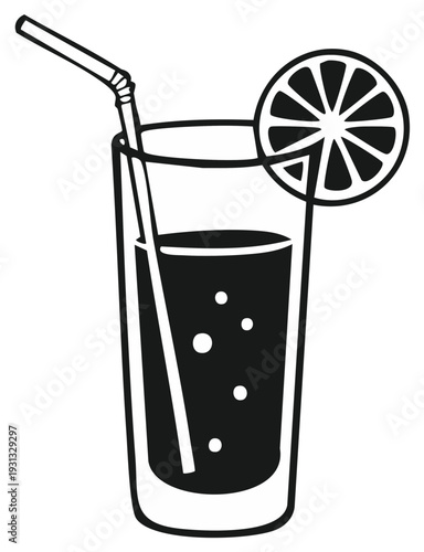 Tall glass of dark beverage with a straw and lemon slice garnish