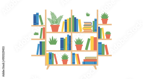 Colorful Books and Plants on Shelves