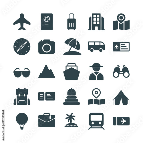 Collection of travel and tourism related icons for vacation planning.