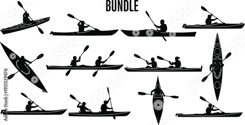 Kayak silhouette bundle collection, black vector illustration of paddling kayakers in side and top view isolated background