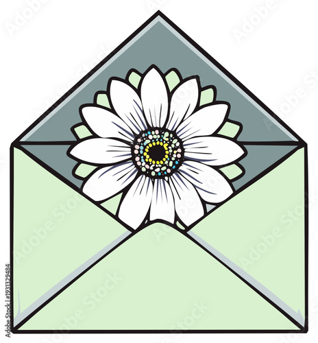 Illustration of a white daisy flower emerging from a light green open envelope
