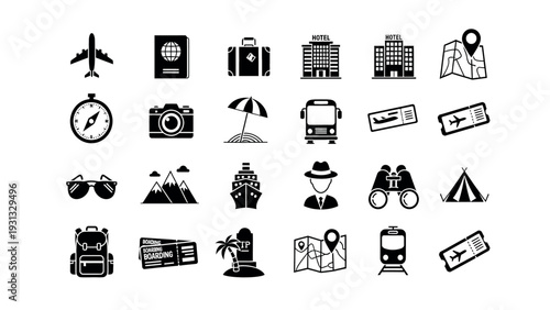 Collection of travel and tourism icons in black and white.
