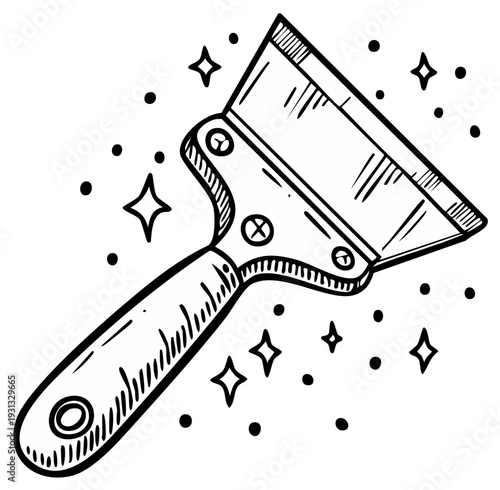 Hand drawn illustration of a window scraper with sparkles, cleaning tools concept.