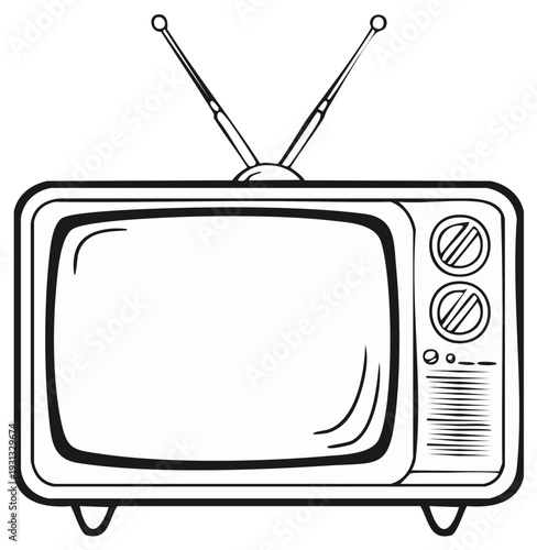 Black and white illustration of a retro TV set with antenna and knobs