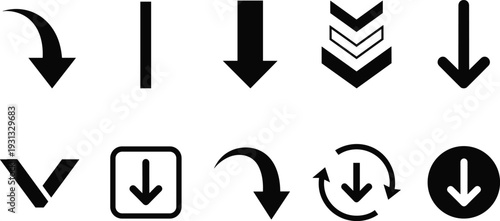 Down arrow icon set collection, download symbols, curved and circular direction arrows for navigation, user interface and web application design