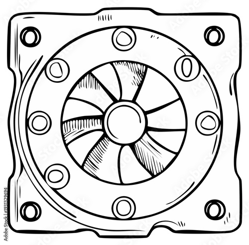 Square computer CPU cooler with fan blades, providing airflow for electronic components, isolated sketch illustration, top view, hand drawn element