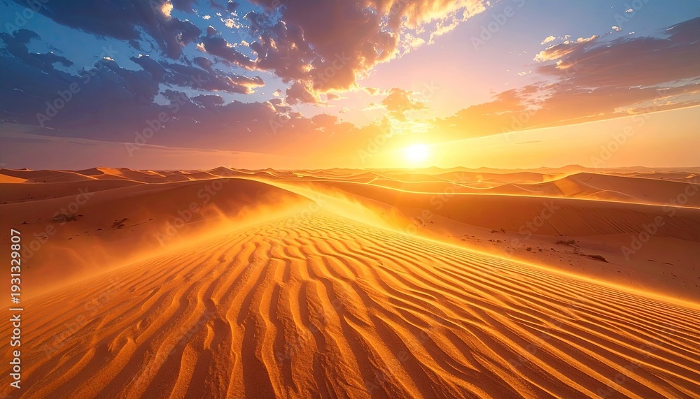 Naklejka premium Sunset over a vast desert, rippled sand, and a vibrant sky