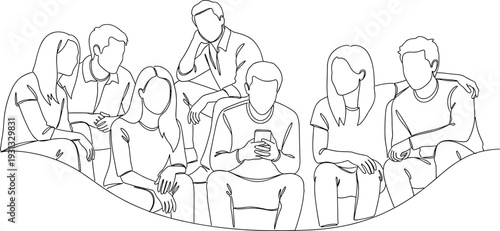 Group of friends sitting together line art illustration, young people socializing and using smartphone isolated on white background minimalist vector drawing