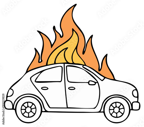 Cartoon car ablaze in flames with white outline