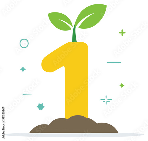 Yellow number one with green leaves emerging from soil, representing growth and new beginnings