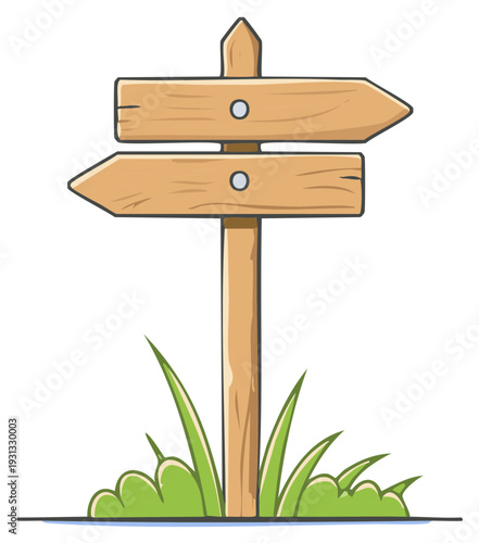 Wooden directional signpost showing two paths forward and backward with grass at the base