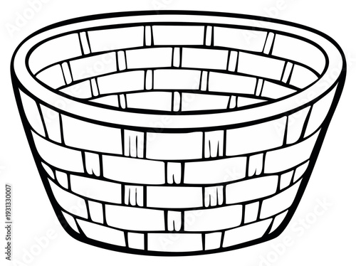 Wicker Basketry Illustration, Empty Woven Container, Agricultural Storage Object, Black and White Line Art