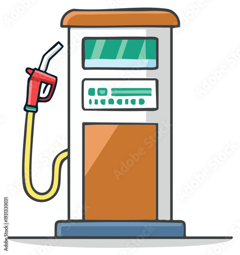 Colorful cartoon style fuel pump illustration with nozzle, hose, and digital display.