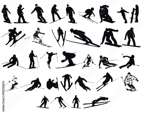 Dynamic Silhouettes of Skiers and Snowboarders in Action on the Slopes.