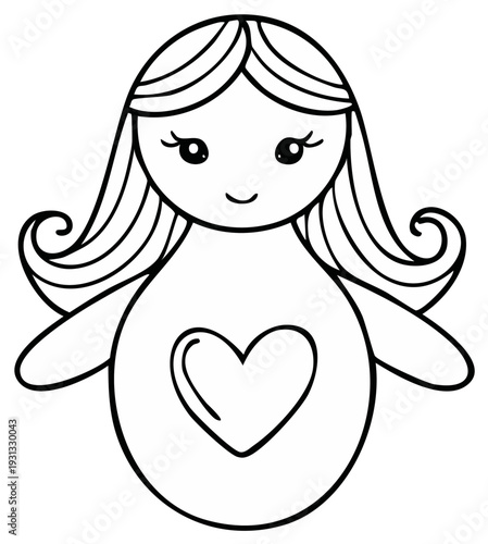 Cute doll outline illustration, heart on the tummy, toy with big eyes and curly hair, vector