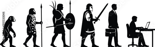 Human evolution timeline from ape to caveman warrior businessman and modern office worker silhouette isolated on white background conceptual vector illustration
