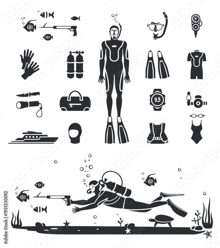 Diver and diving equipment set in black and white.