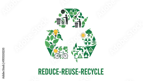 Green Recycle Symbol with Reduce Reuse Recycle Text.