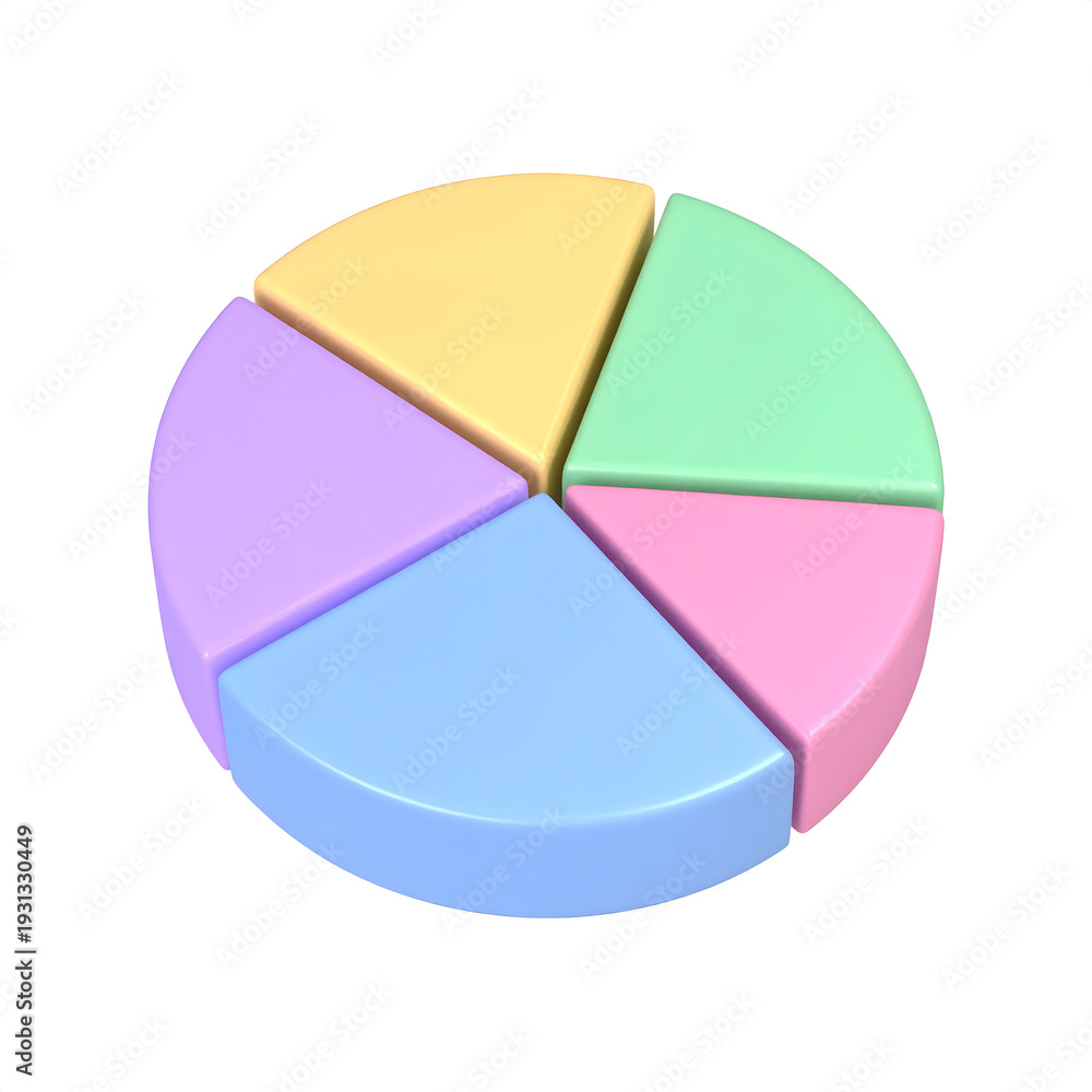Obraz premium Smooth pastel 3D pie chart divided into equal sections, symbolizing balanced data, strategic planning, performance metrics, and business insights in a clean minimalist style.