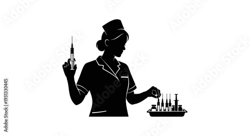 Silhouette of a nurse with a syringe in her hand and a tray of medical equipment