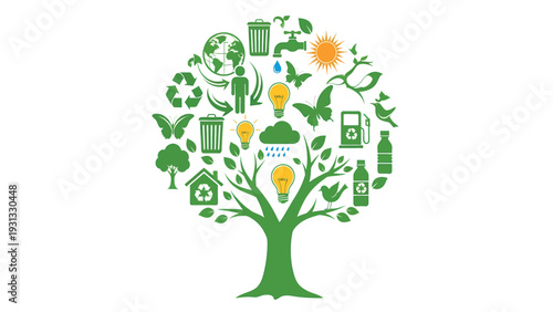 Green Tree of Life with Environmental Icons Symbolizing Sustainability.
