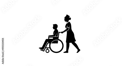 Silhouette of a nurse pushing a patient in a wheelchair, representing care and assistance