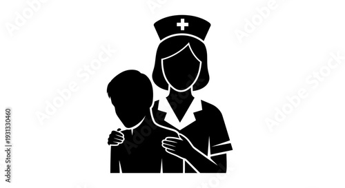 Caring nurse offers gentle support to a patient, an illustrative silhouette symbolizing empathy and professional medical assistance. This icon represents healthcare and compassionate care