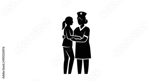 Caring healthcare professional providing compassionate support to a female patient, illustrating empathetic nursing care and dedicated assistance in a simplified vector graphic